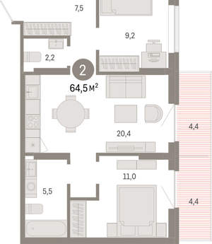 2-к квартира, вторичка, 65м2, 6/9 этаж