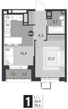 1-к квартира, строящийся дом, 36м2, 7/21 этаж