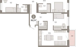 3-к квартира, вторичка, 86м2, 3/9 этаж