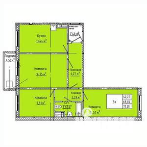 3-к квартира, строящийся дом, 71м2, 8/10 этаж