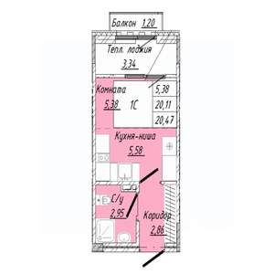 1-к квартира, строящийся дом, 20м2, 8/8 этаж