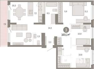 3-к квартира, вторичка, 103м2, 8/9 этаж