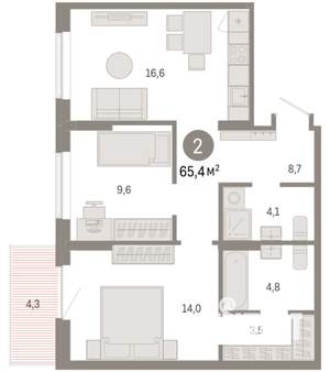 2-к квартира, вторичка, 65м2, 4/9 этаж
