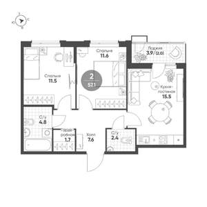2-к квартира, строящийся дом, 57м2, 2/15 этаж