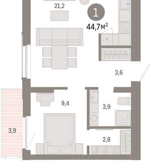 1-к квартира, вторичка, 45м2, 7/16 этаж