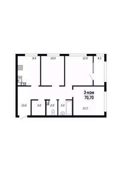 3-к квартира, строящийся дом, 71м2, 19/22 этаж