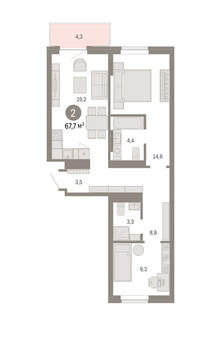 2-к квартира, вторичка, 68м2, 6/9 этаж