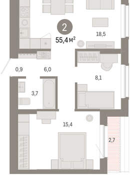 2-к квартира, вторичка, 55м2, 8/16 этаж
