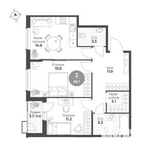 2-к квартира, вторичка, 66м2, 2/15 этаж