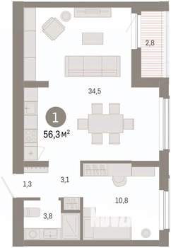 1-к квартира, вторичка, 56м2, 2/16 этаж
