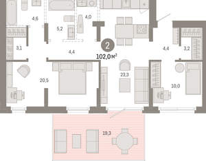 2-к квартира, вторичка, 102м2, 1/9 этаж