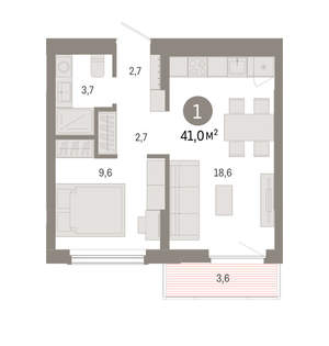 1-к квартира, вторичка, 41м2, 3/16 этаж