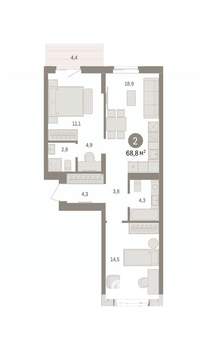 2-к квартира, вторичка, 69м2, 3/14 этаж