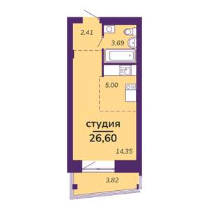Студия квартира, вторичка, 27м2, 1/9 этаж