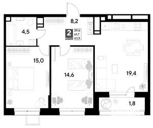 2-к квартира, вторичка, 64м2, 21/21 этаж