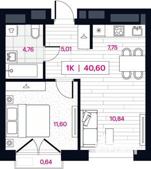 1-к квартира, вторичка, 41м2, 3/15 этаж