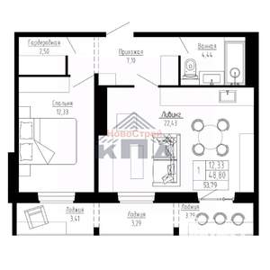 1-к квартира, строящийся дом, 54м2, 7/16 этаж