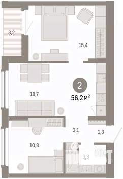 2-к квартира, вторичка, 56м2, 6/16 этаж