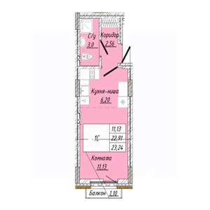 1-к квартира, строящийся дом, 23м2, 3/8 этаж