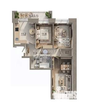 3-к квартира, вторичка, 74м2, 5/8 этаж