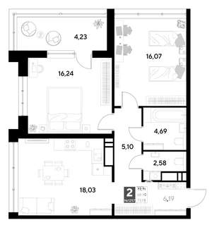 2-к квартира, строящийся дом, 73м2, 19/22 этаж