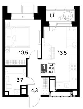 1-к квартира, строящийся дом, 33м2, 10/21 этаж