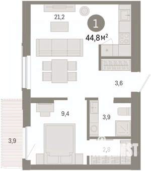 1-к квартира, вторичка, 45м2, 4/8 этаж