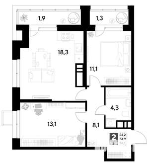 2-к квартира, строящийся дом, 58м2, 17/21 этаж