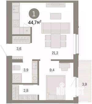 1-к квартира, вторичка, 45м2, 3/8 этаж
