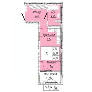 1-к квартира, строящийся дом, 27м2, 6/8 этаж