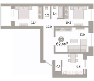 3-к квартира, вторичка, 63м2, 4/9 этаж