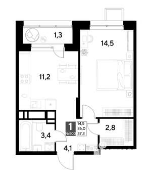 1-к квартира, строящийся дом, 37м2, 8/21 этаж