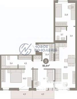 3-к квартира, строящийся дом, 95м2, 8/8 этаж