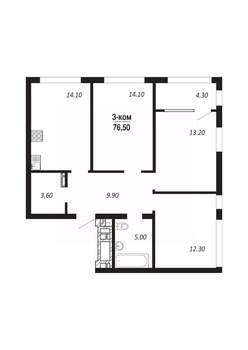 3-к квартира, строящийся дом, 77м2, 9/16 этаж