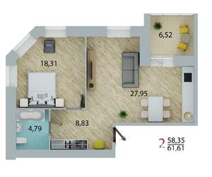 2-к квартира, строящийся дом, 58м2, 1/10 этаж