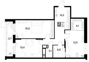 2-к квартира, строящийся дом, 74м2, 10/21 этаж