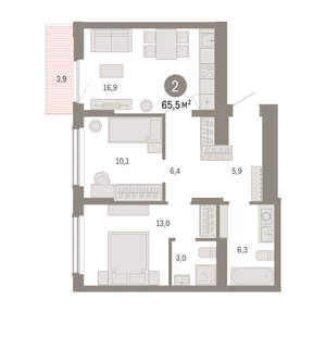 2-к квартира, вторичка, 65м2, 6/16 этаж