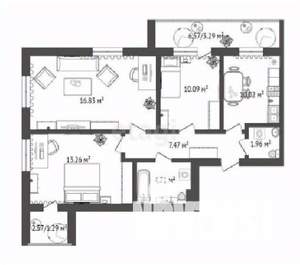 3-к квартира, строящийся дом, 71м2, 4/16 этаж