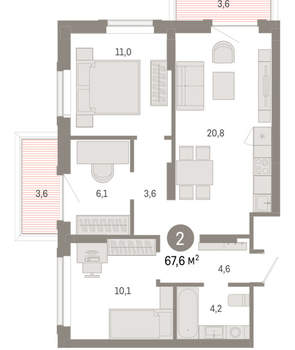 3-к квартира, вторичка, 68м2, 2/9 этаж