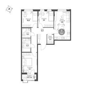 3-к квартира, вторичка, 76м2, 9/14 этаж