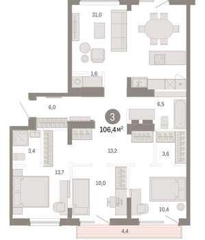 3-к квартира, вторичка, 106м2, 9/9 этаж