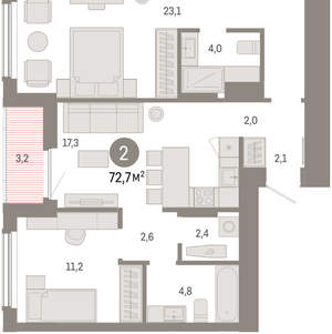 2-к квартира, вторичка, 73м2, 8/16 этаж