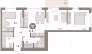 2-к квартира, вторичка, 62м2, 5/16 этаж