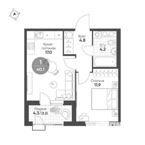 1-к квартира, вторичка, 40м2, 12/15 этаж