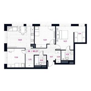 3-к квартира, строящийся дом, 90м2, 6/15 этаж