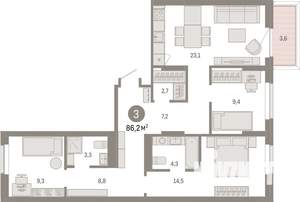 3-к квартира, вторичка, 86м2, 3/9 этаж