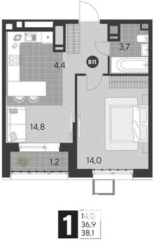 1-к квартира, строящийся дом, 38м2, 16/21 этаж