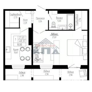 1-к квартира, строящийся дом, 53м2, 1/16 этаж
