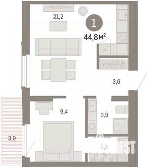 1-к квартира, вторичка, 45м2, 3/16 этаж