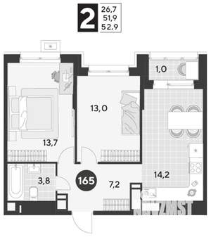 2-к квартира, строящийся дом, 53м2, 14/21 этаж